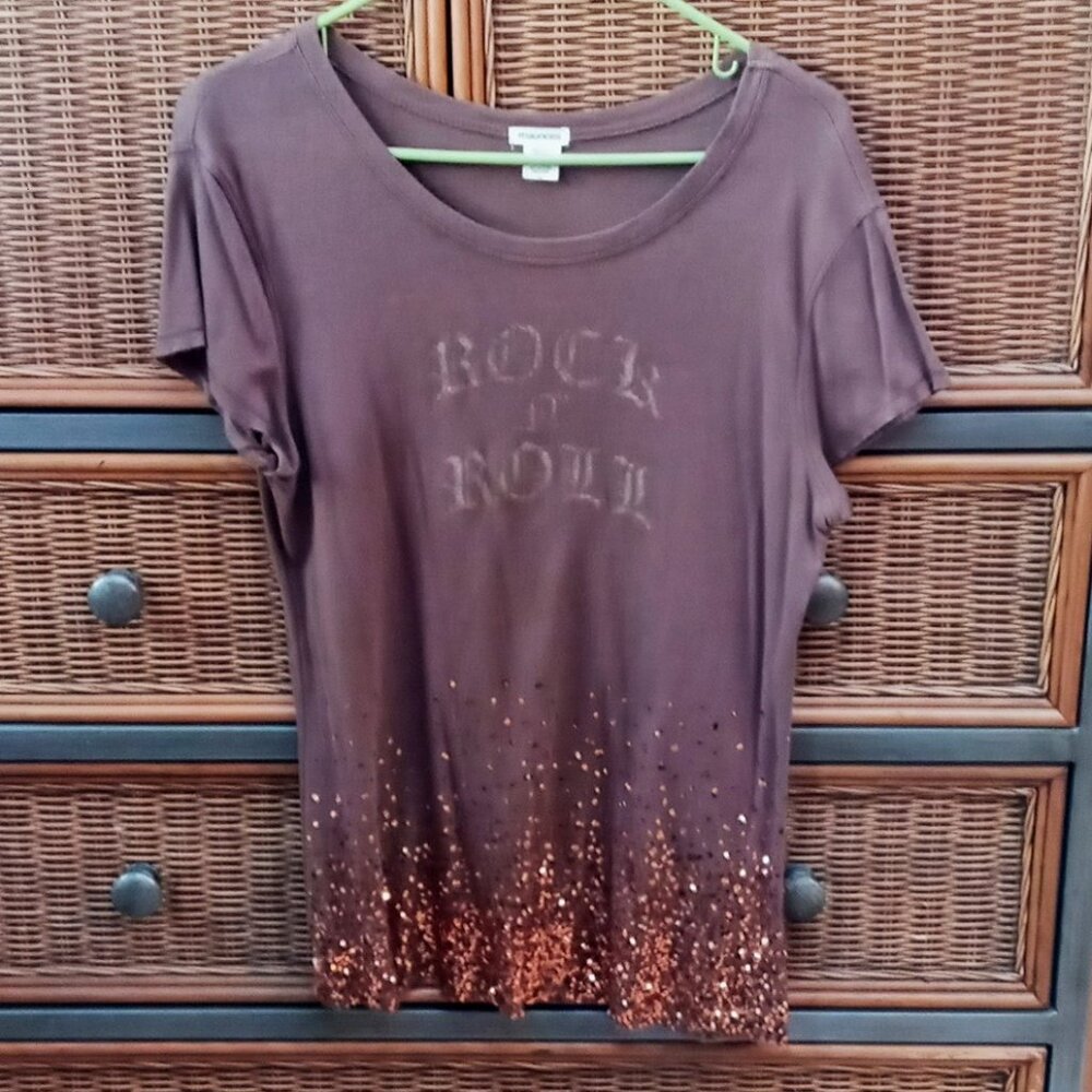 Cool Shimmery Maurice’s Copper Gold Sequins Rock-n-Roll Brown Short Sleeve Top - Picture 4 of 16